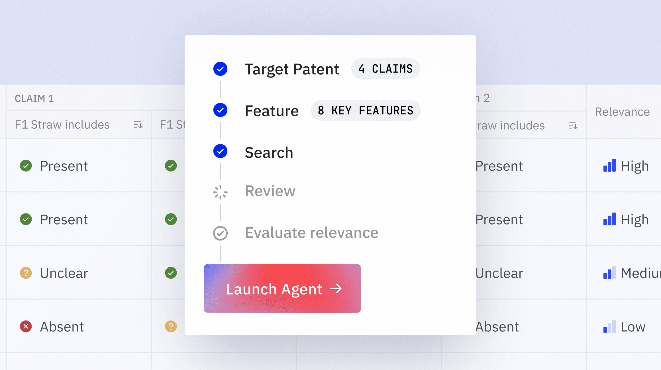 Interface showing steps: Target Patent with 4 claims, Feature with 8 key features, Search, and a Launch Agent button.