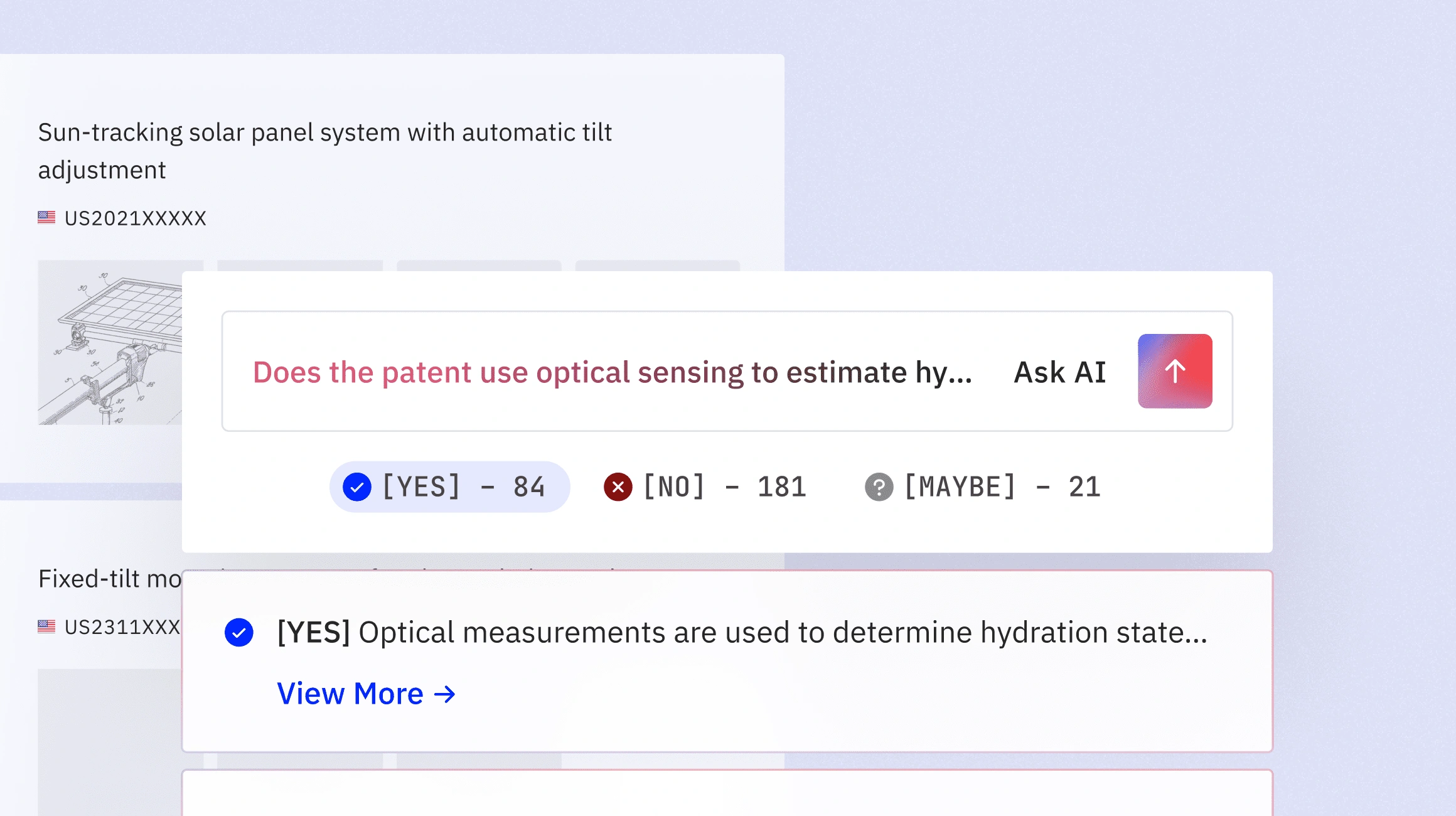Search box asking if patent uses optical sensing, with options yes, no, maybe, and response about optical measurements.