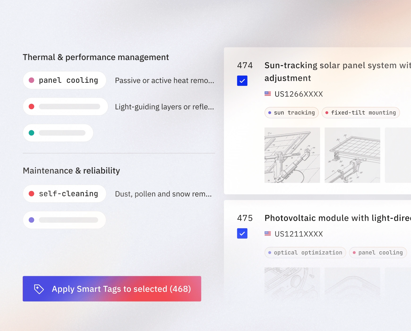Interface showing tags for thermal management, maintenance, patent details, and an apply smart tags button.
