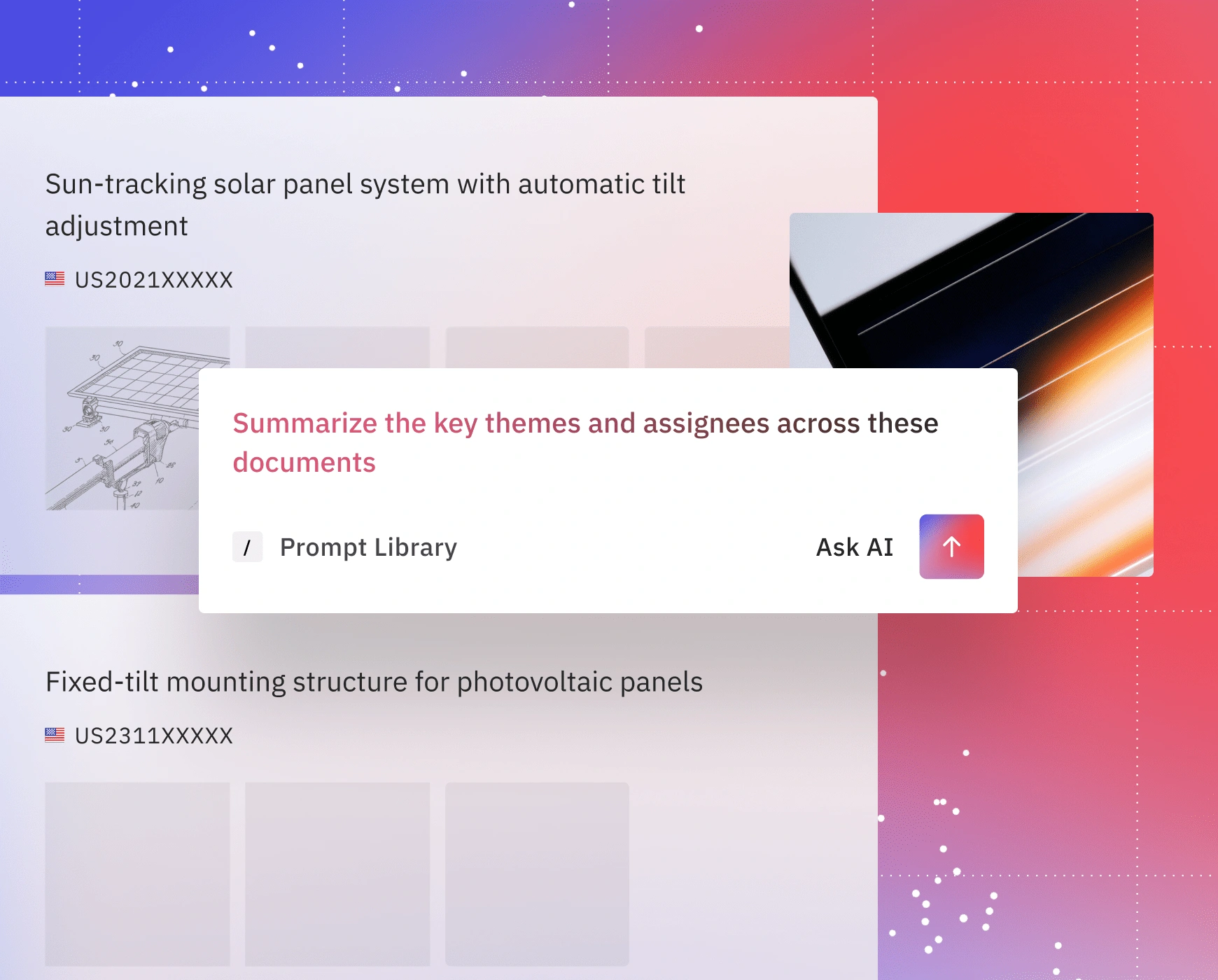 Interface showing patent titles for solar panel systems with an AI prompt to summarize key themes and assignees.