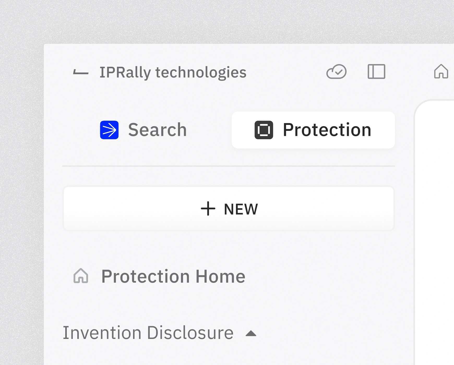 User interface showing IPRally Technologies menu with Search and Protection tabs and a New button.