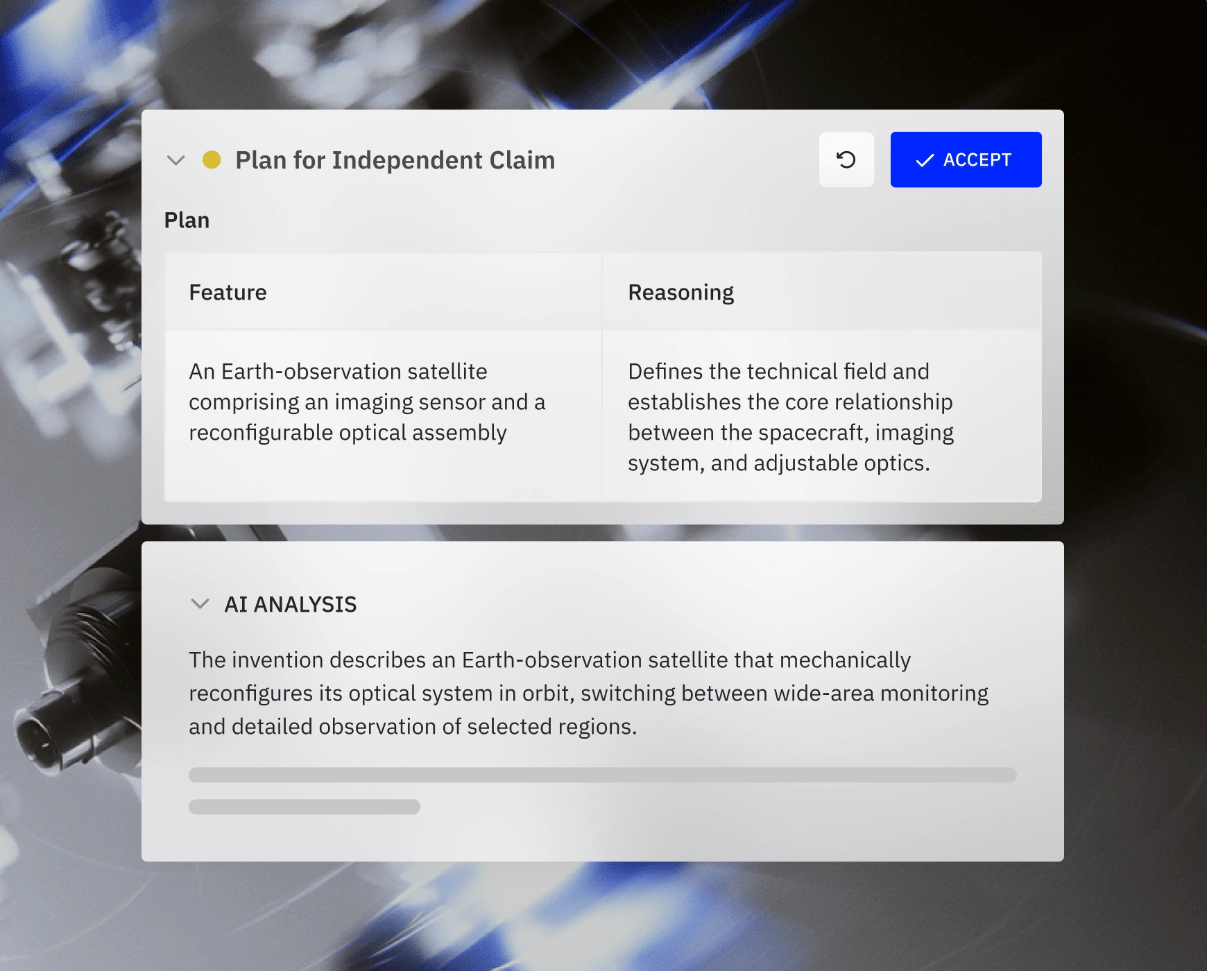UI showing plan for Earth-observation satellite with feature, reasoning, and AI analysis sections.