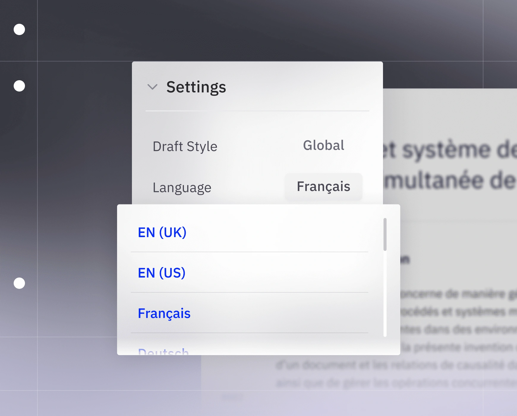 Settings menu showing draft style set to Global and language dropdown with English and French options.