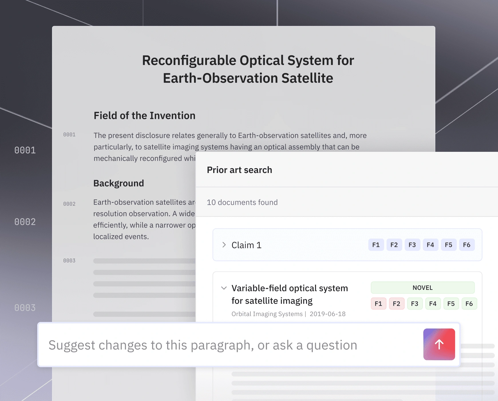 Screen showing patent text about satellite optical systems with prior art search and editing suggestion box.