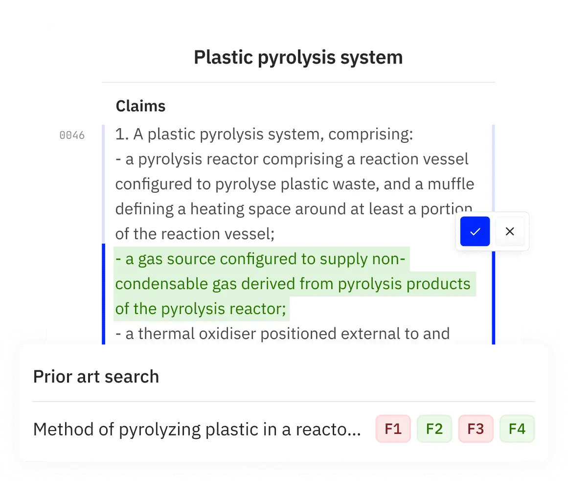 IPRally drafting view: a patent claim for a plastic pyrolysis system with a suggested addition highlighted for review, above a prior art search panel that shows feature matches F1–F4.