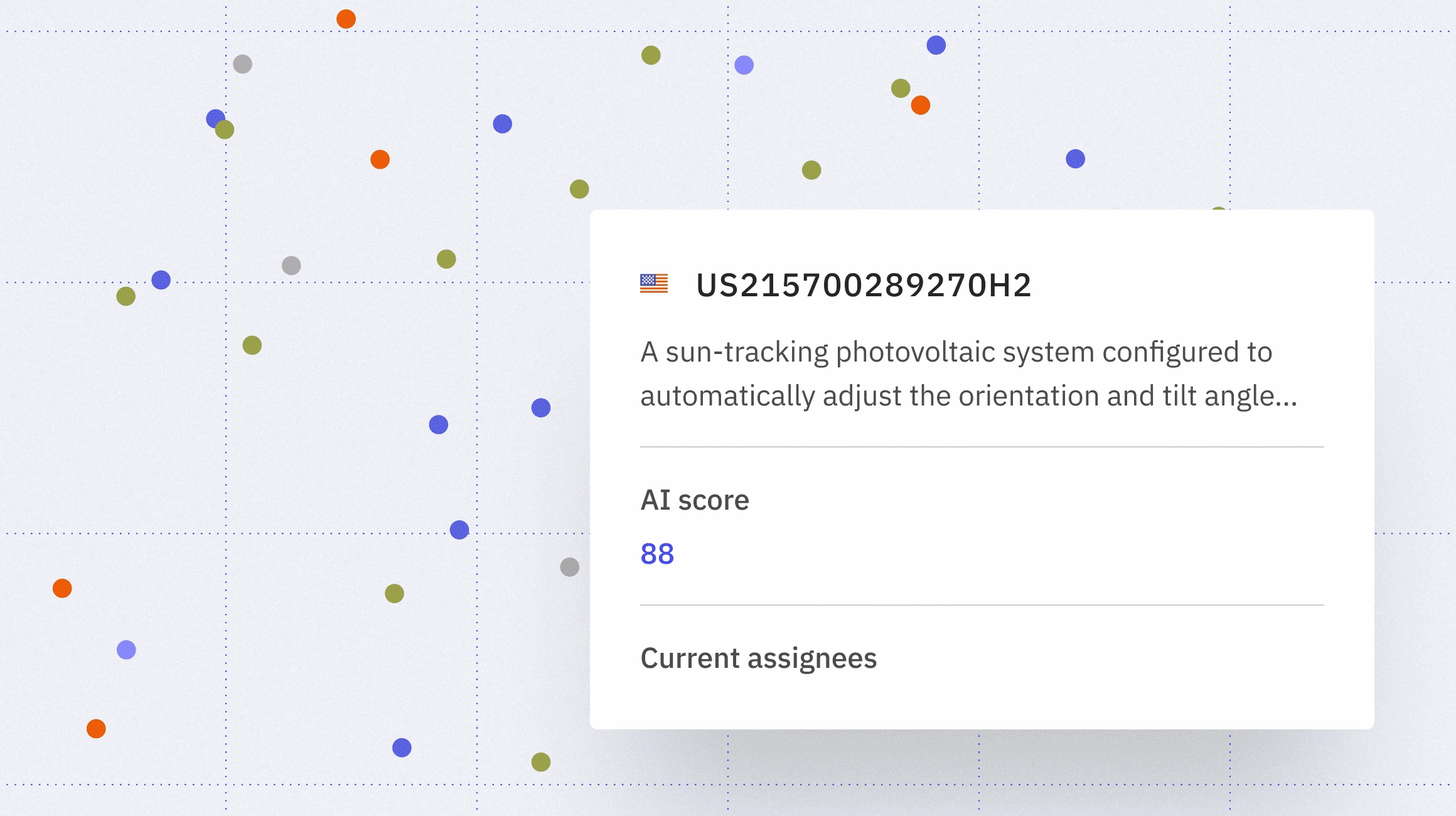Card showing patent US215700289270H2 for a sun-tracking photovoltaic system with an AI score of 88.
