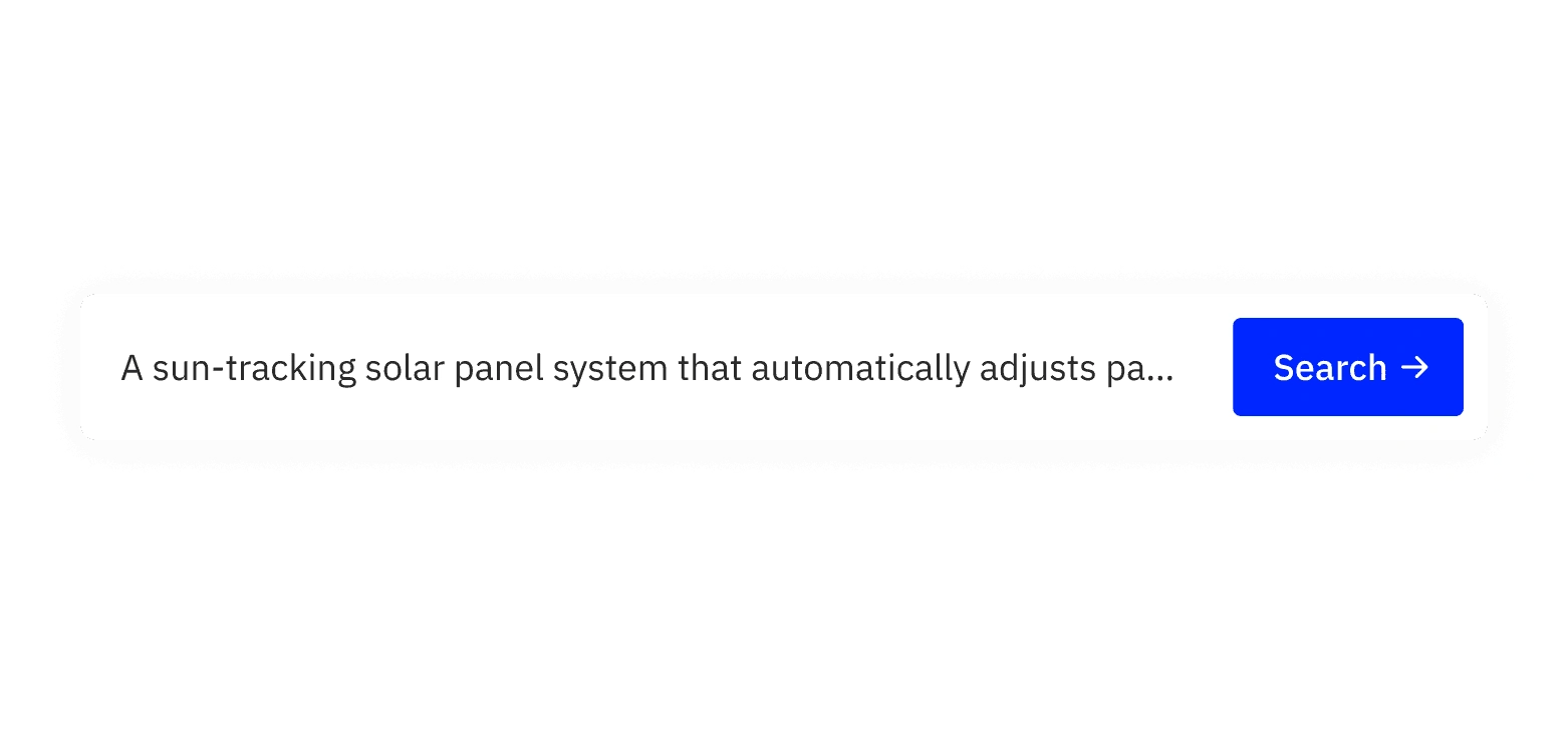 Search bar with text about a sun-tracking solar panel system and a blue Search button.