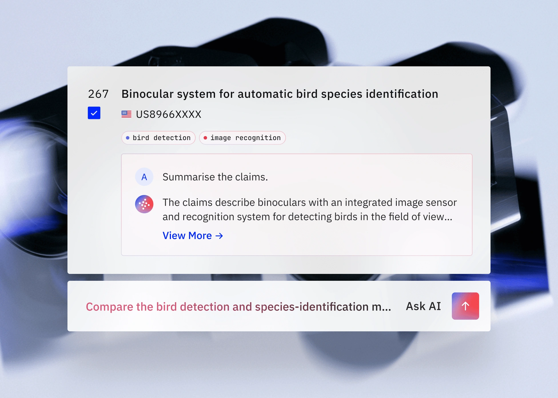Interface showing patent US8966XXXX for binoculars with bird detection and image recognition system.