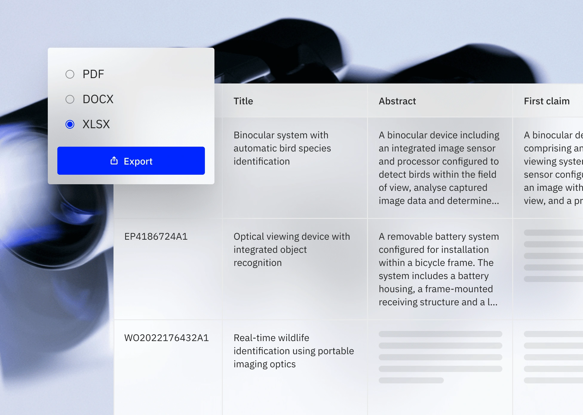 Export options popup for PDF, DOCX, XLSX over a patent search table with titles and abstracts.