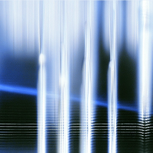 Abstract digital artwork with blue and white vertical light streaks on a dark background.