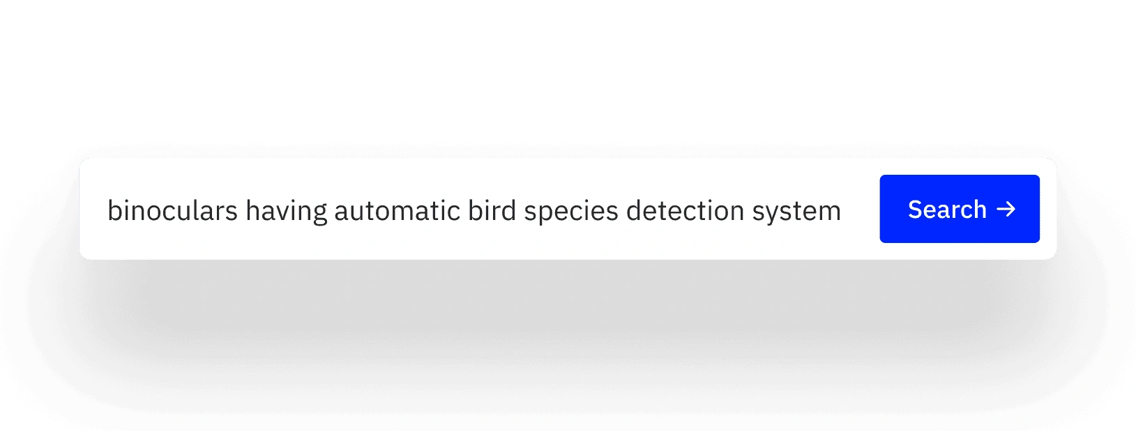 Search bar with text input reading 'binoculars having automatic bird species detection system' and blue Search button.