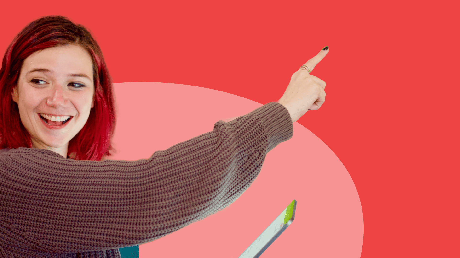 Female pointing at a red background