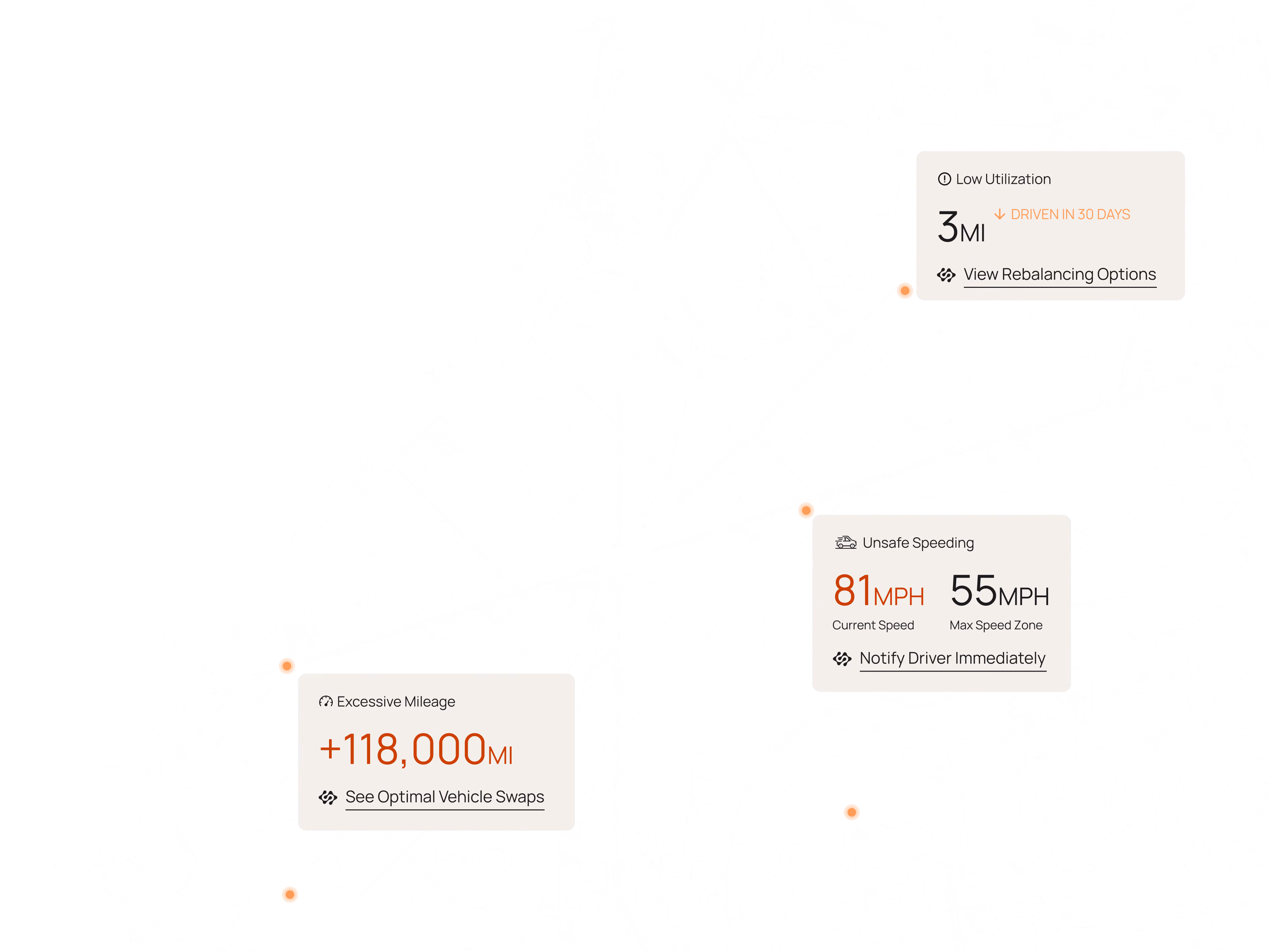 Dark map background with Motorq dashboard alert cards showing mileage and speeding data