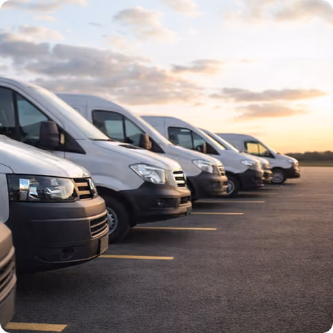 Row of white vans parked in a lot at sunrise