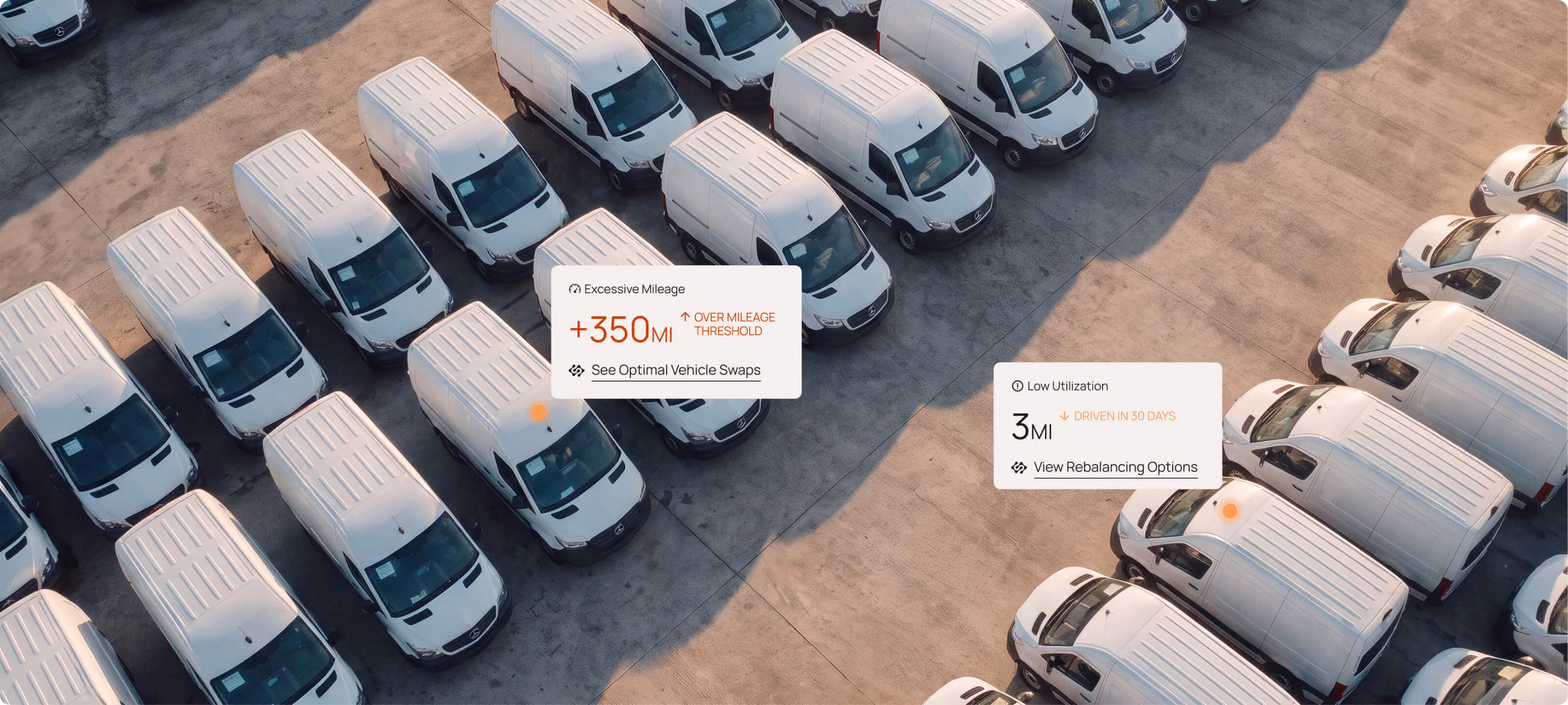 Aerial view of a fleet of vans with Motorq dashboard cards showing fleet data