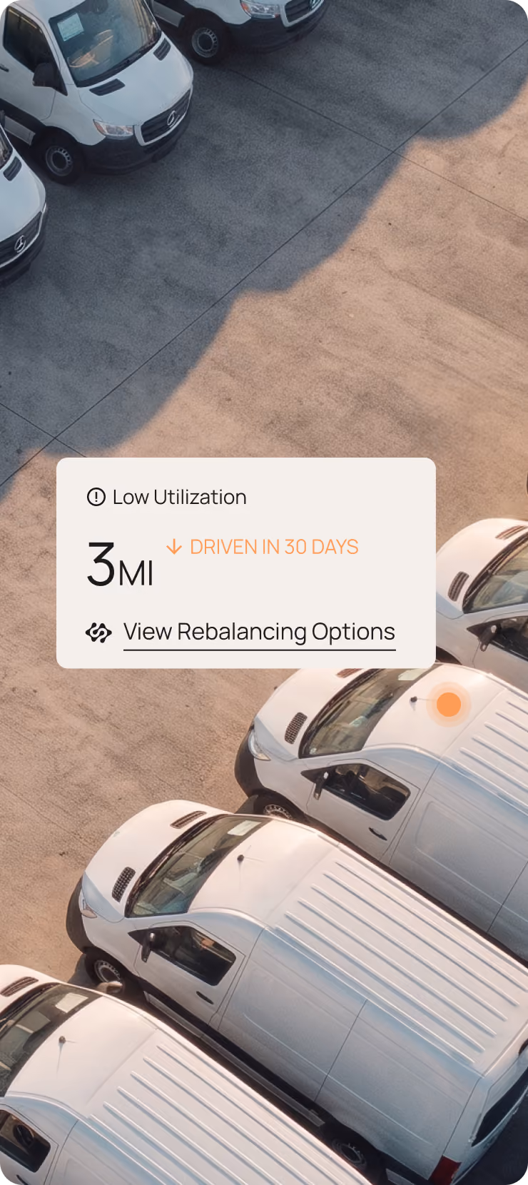 Aerial view of a parking lot with a Motorq dashboard overlay showing a low utilization alert