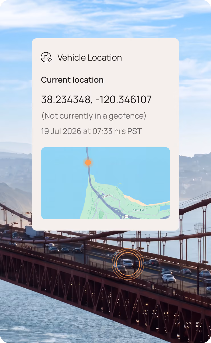 Golden Gate Bridge with a Motorq dashboard overlay showing vehicle location