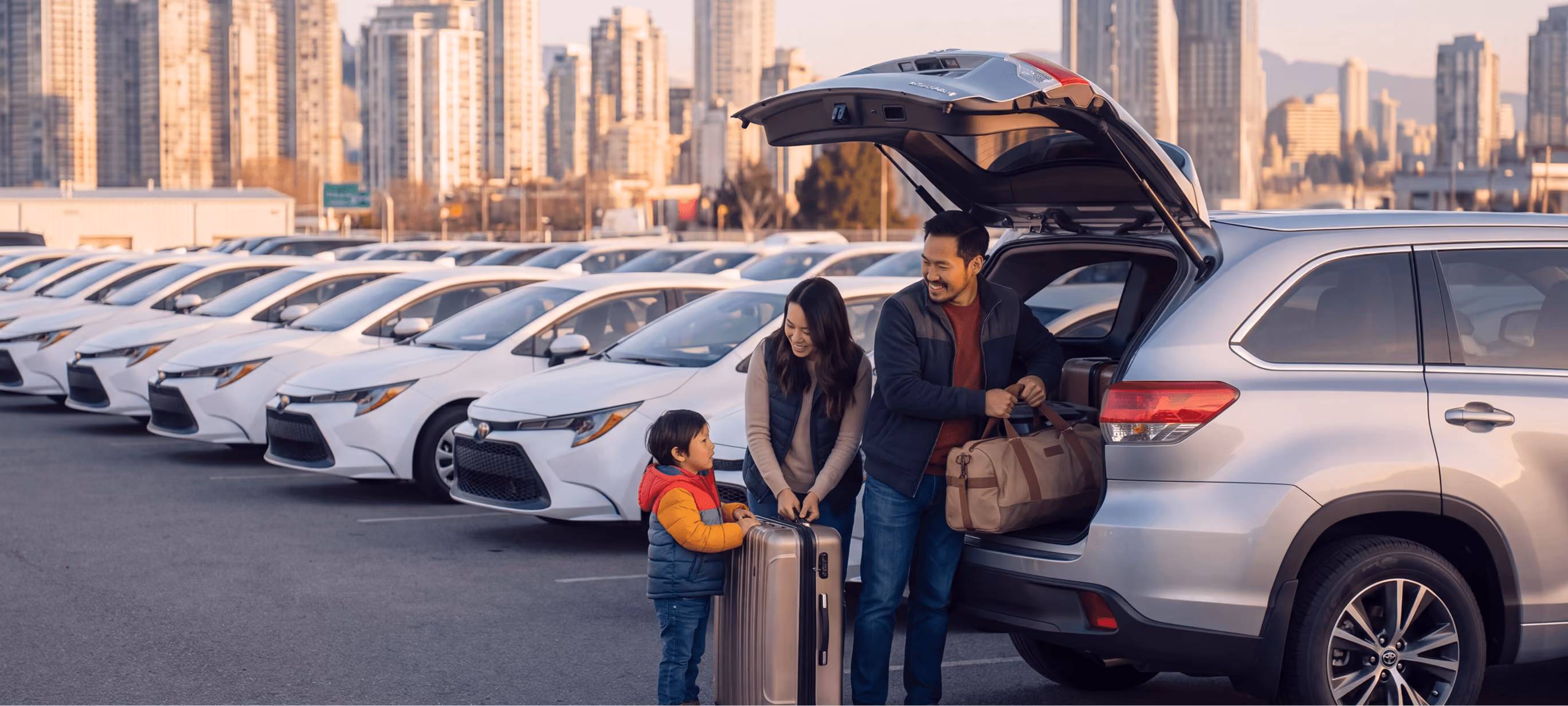 Row of rental cars in a city lot with a family loading luggage