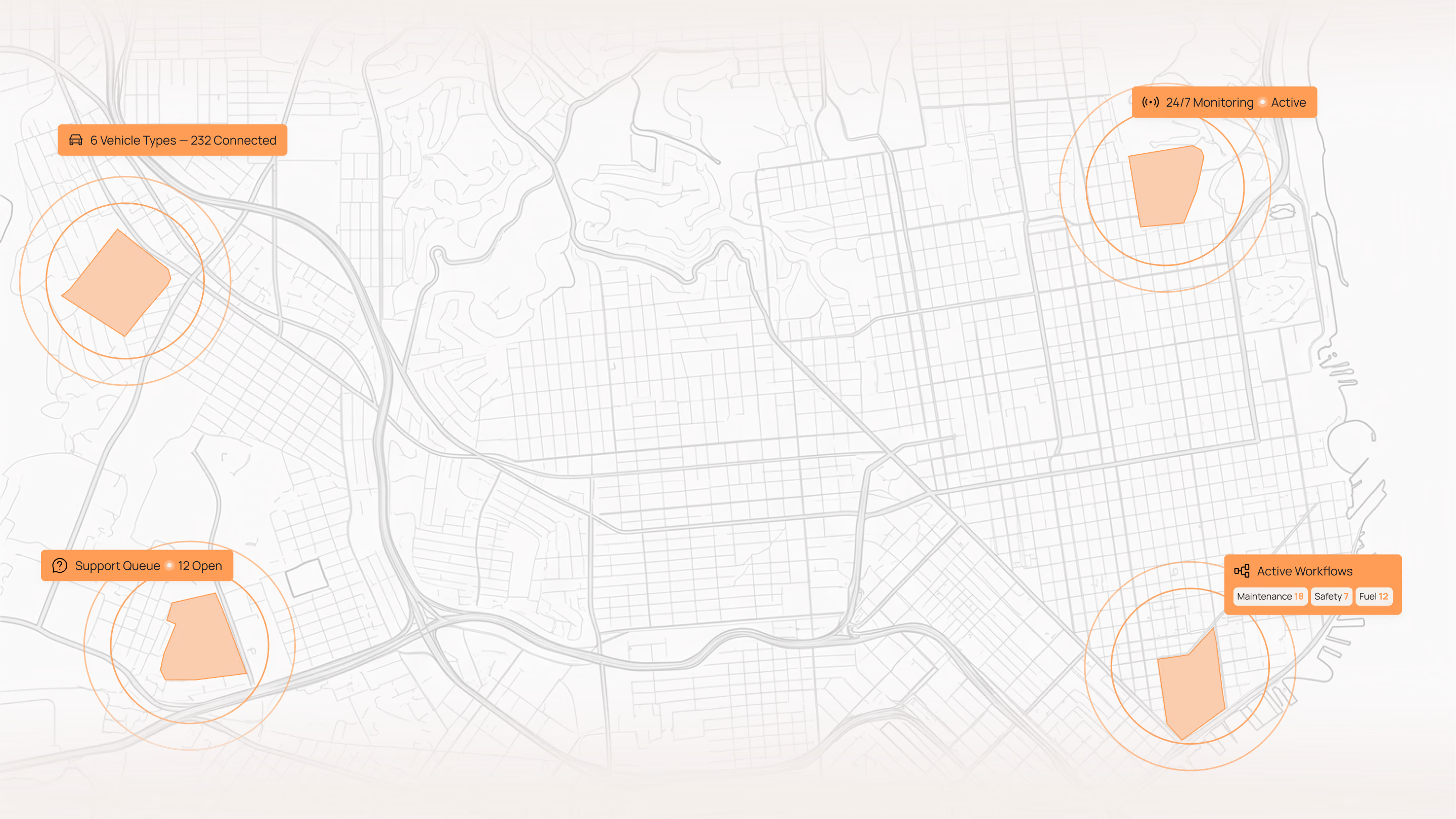 Map with multiple Motorq dashboard location pins across a city
