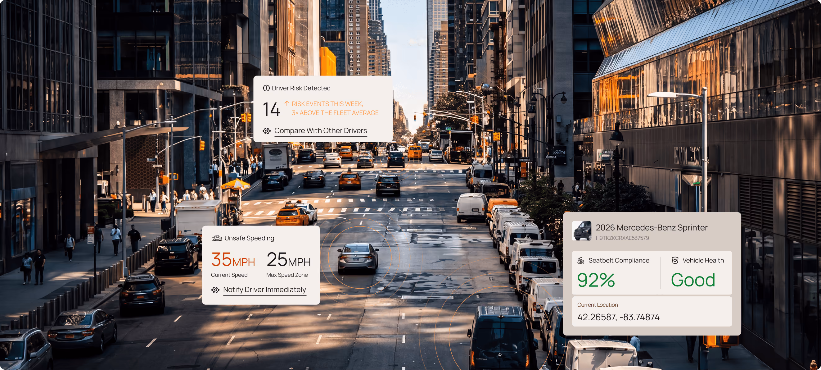 City street traffic with a Motorq dashboard overlay showing vehicle health metrics