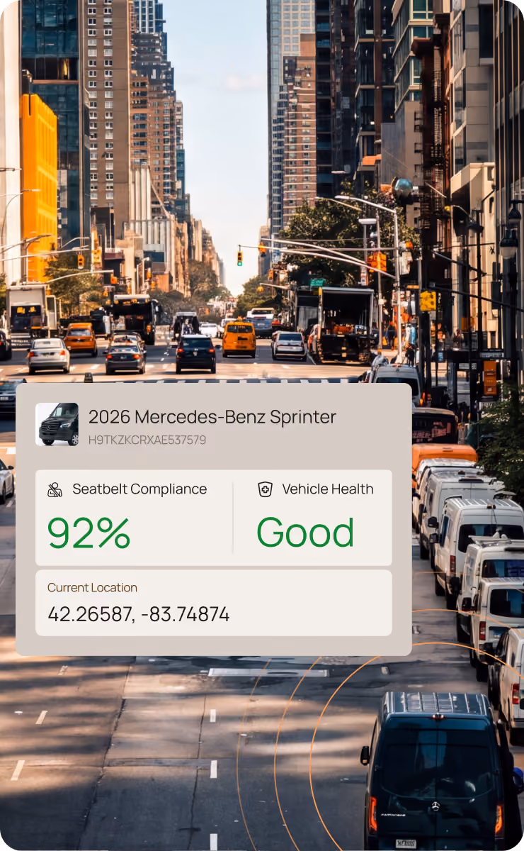 City street traffic with a Motorq dashboard overlay showing seatbelt compliance and vehicle health for a Mercedes-Benz Sprinter