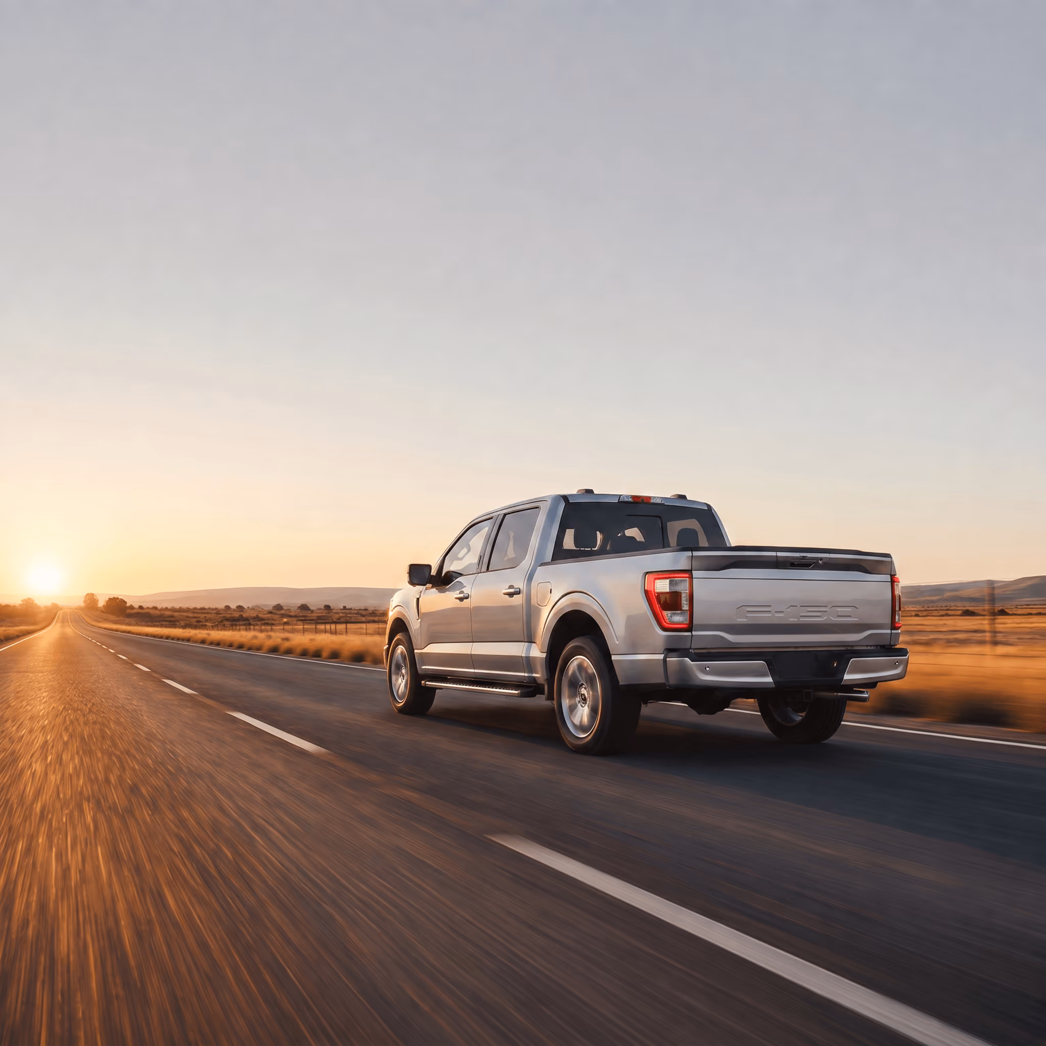 Pickup truck driving on a highway at sunset
