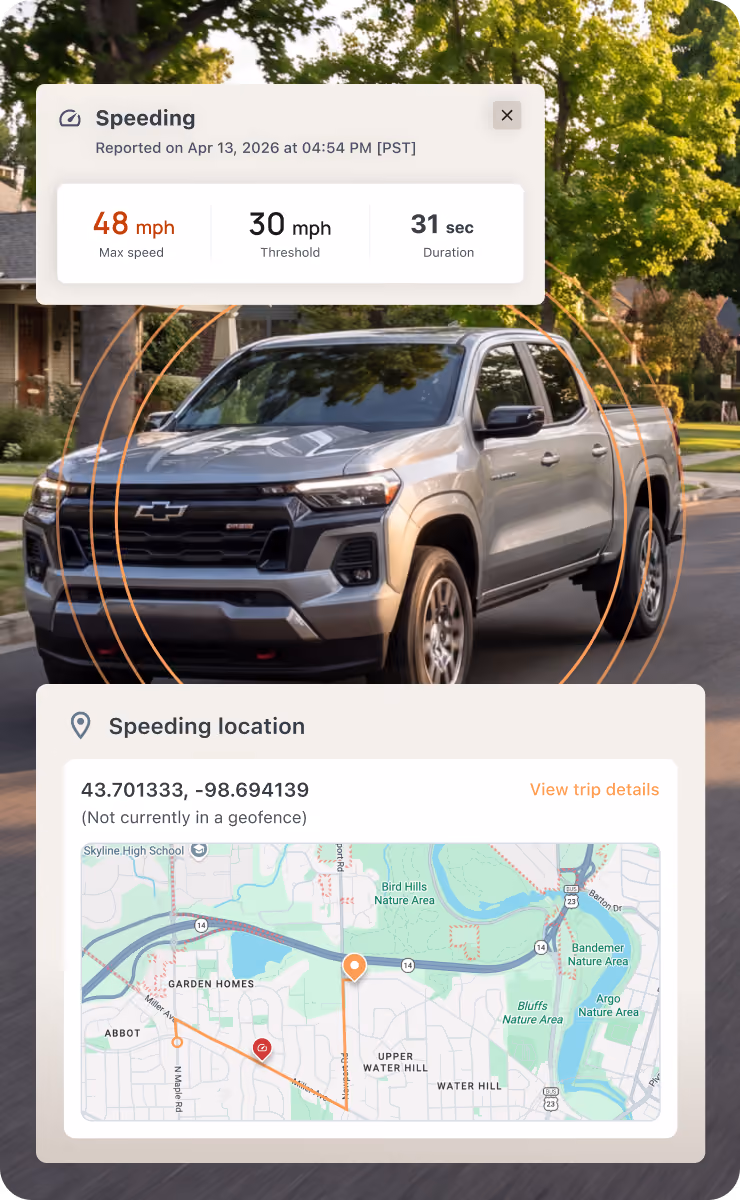 Pickup truck with a Motorq dashboard overlay showing speeding alert and location on a map