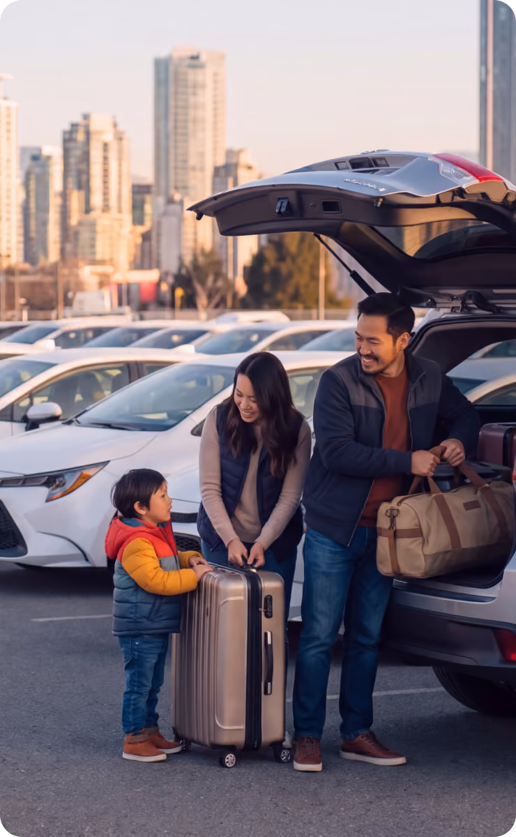 Family loading luggage into a rental car trunk
