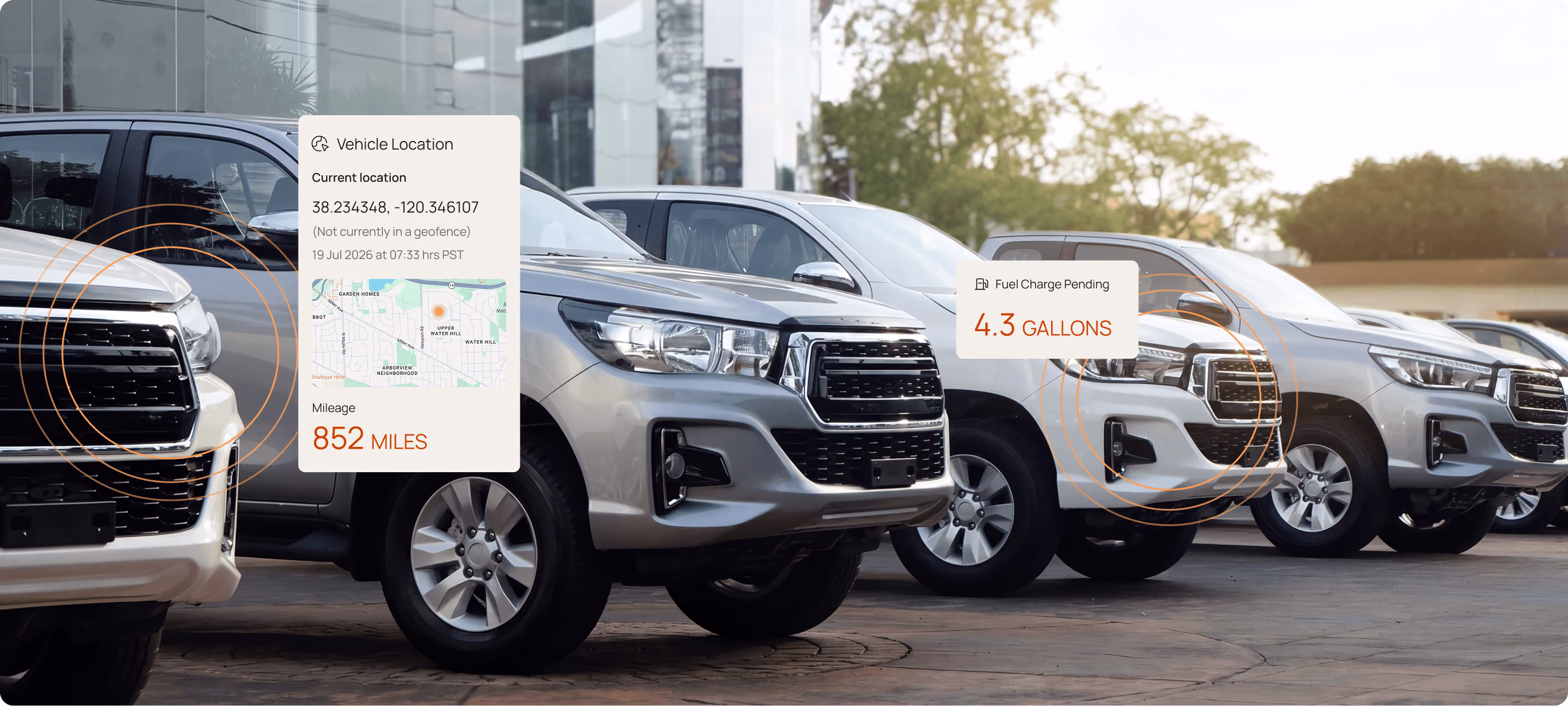 Row of cars at a dealership lot with a Motorq dashboard overlay