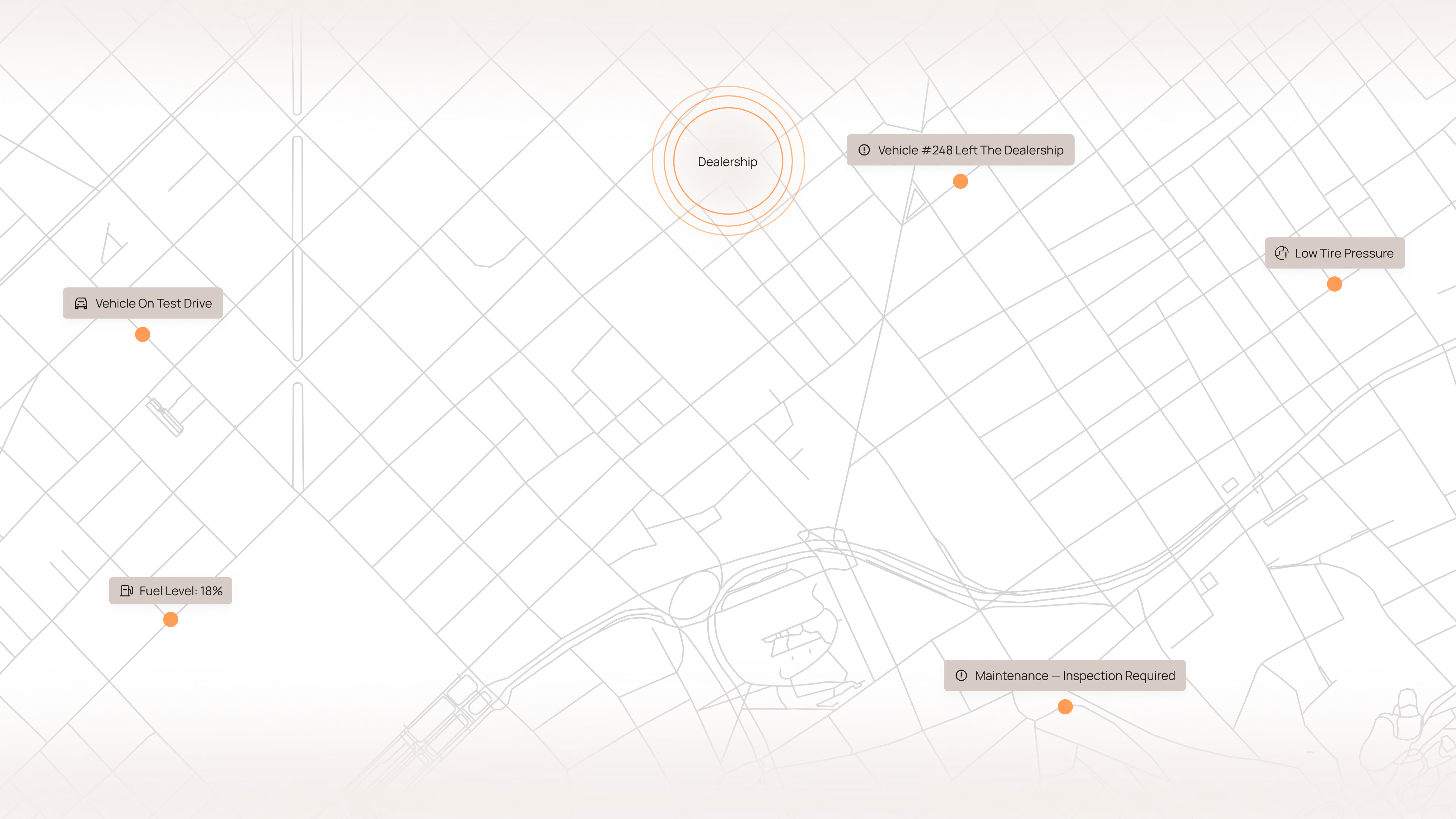 Dark map graphic with connected vehicle location markers