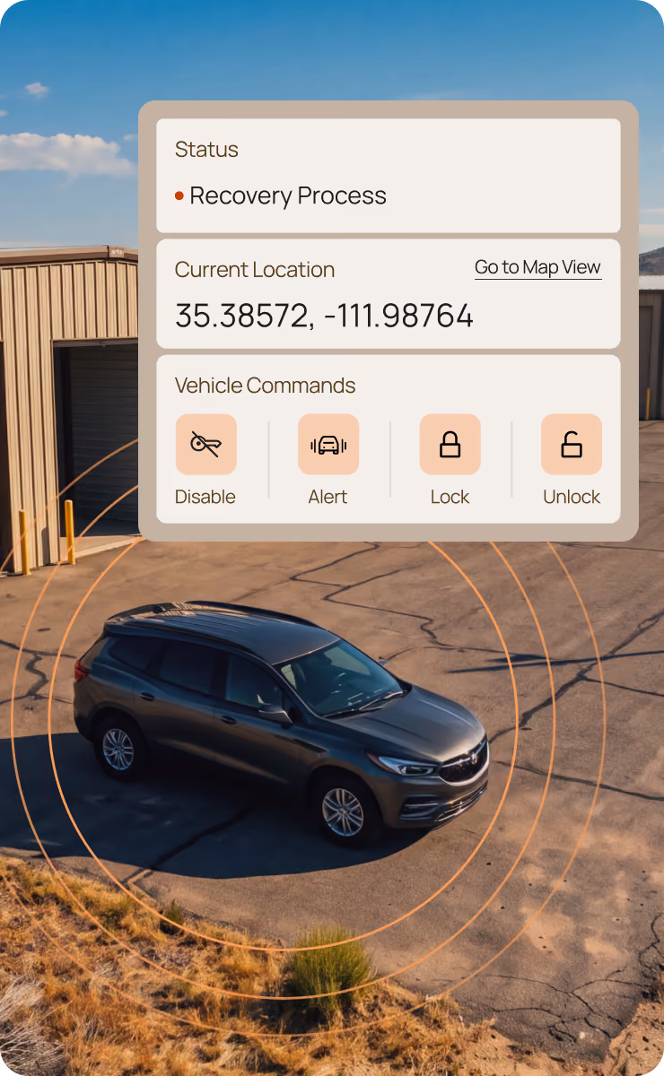 Aerial view of a vehicle with a Motorq dashboard overlay showing asset recovery status