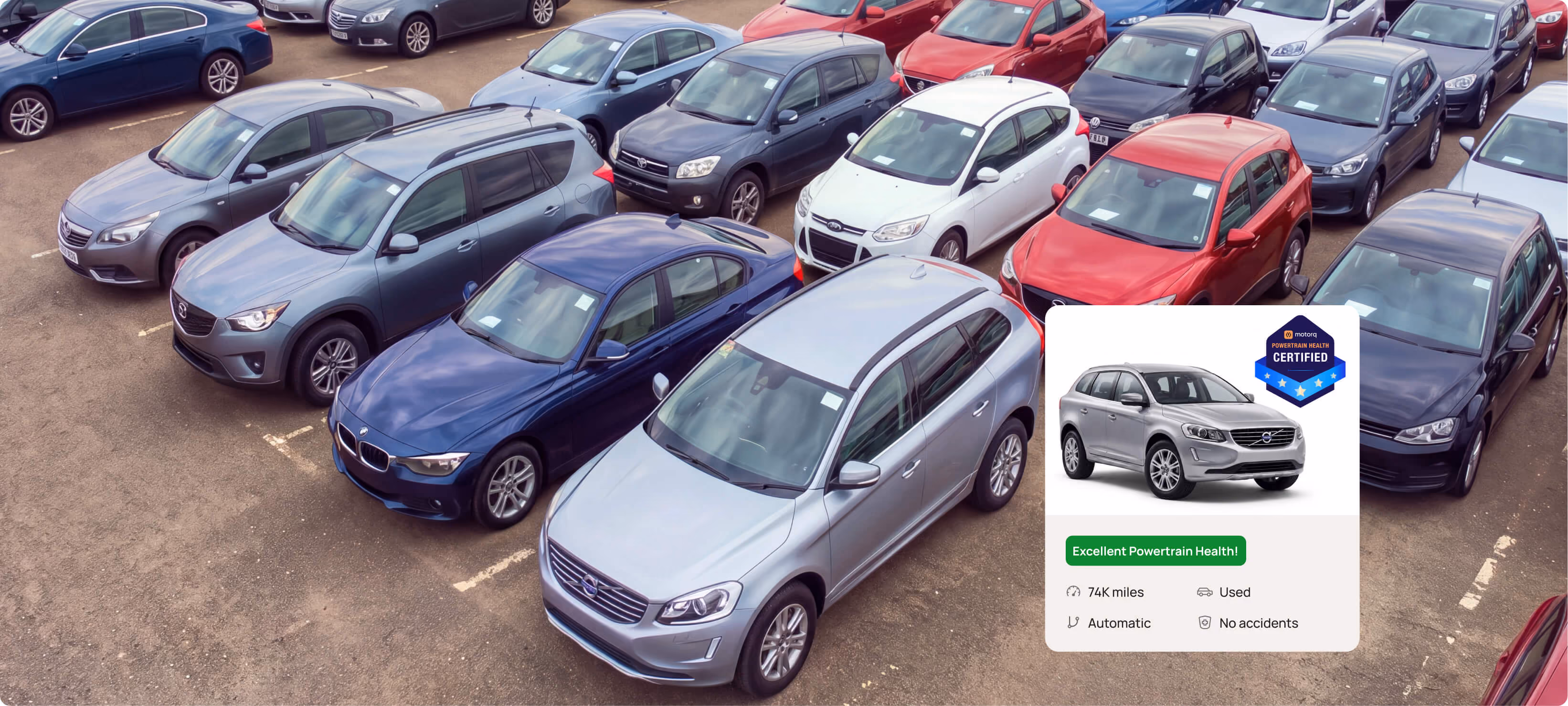 Aerial view of a parking lot with a highlighted vehicle and Motorq Certified badge