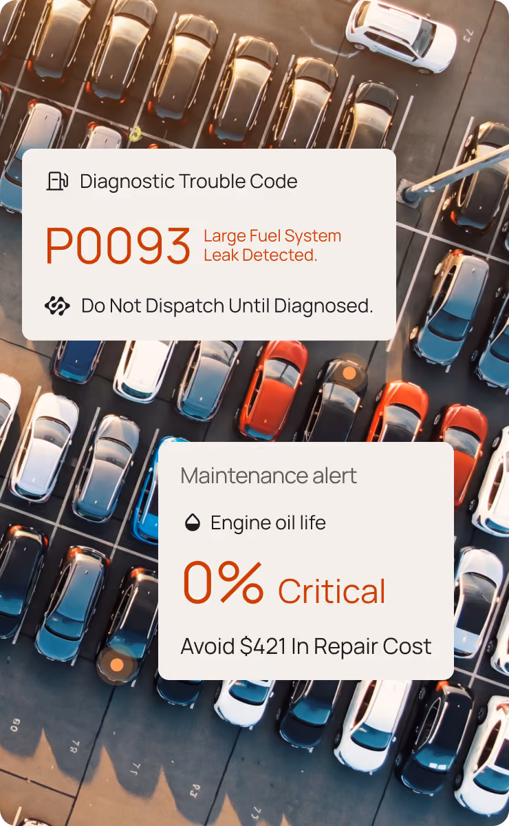 Aerial view of a parking lot with a Motorq dashboard overlay showing a diagnostic trouble code alert