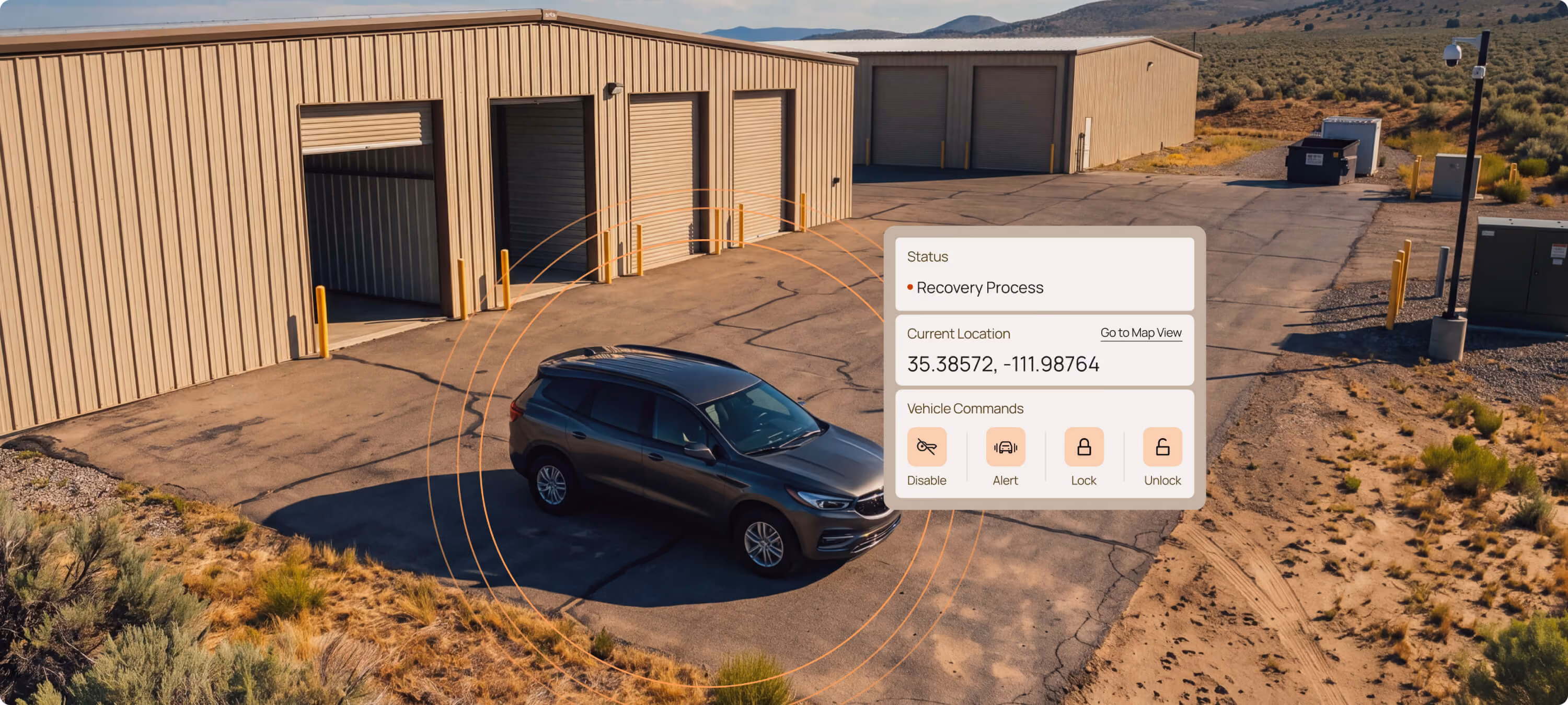Vehicle storage facility with a car and a Motorq dashboard overlay showing asset recovery details