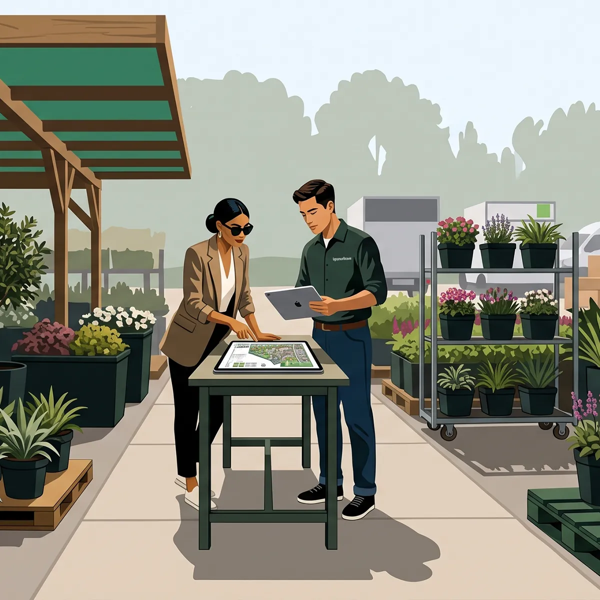 Illustratie van een plantenplan dat op een tablet wordt besproken tussen rekken met planten
