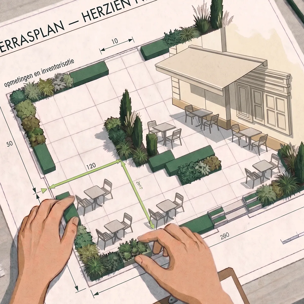 Illustratie: terrasplan met plantenbakken op tafel