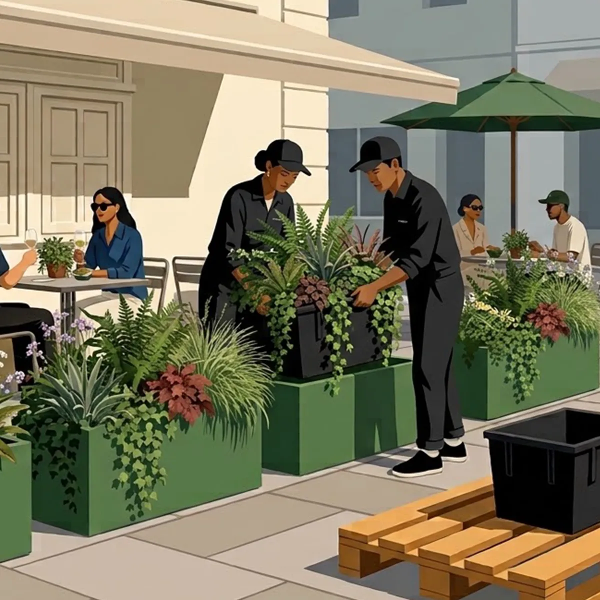 Illustratie: plantenbakken worden op het terras geplaatst