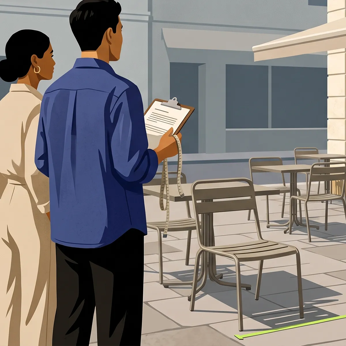 Illustratie: gesprek aan tafel over het terras