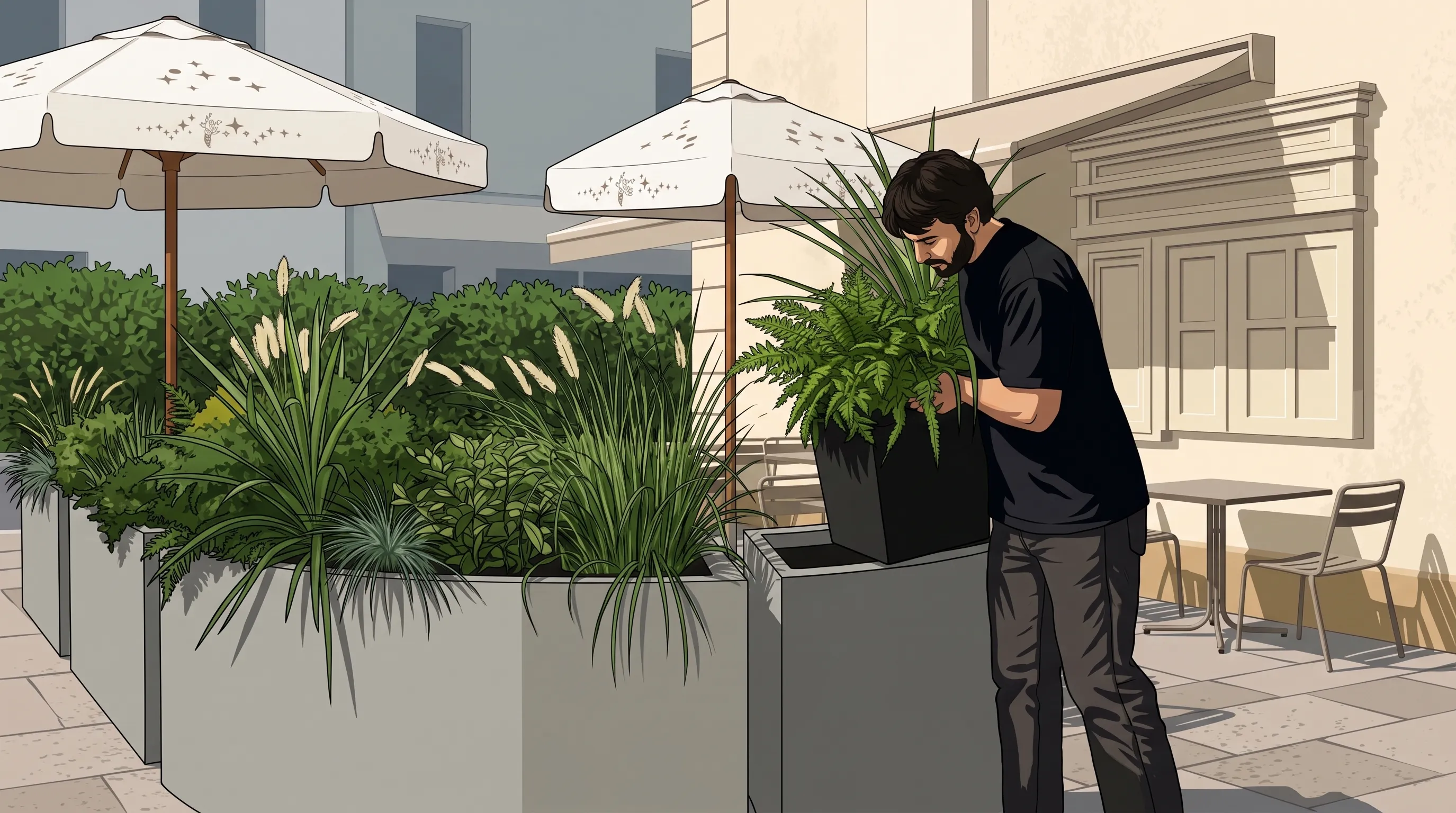 Illustratie: seizoenswissel van de beplanting in een plantenbak