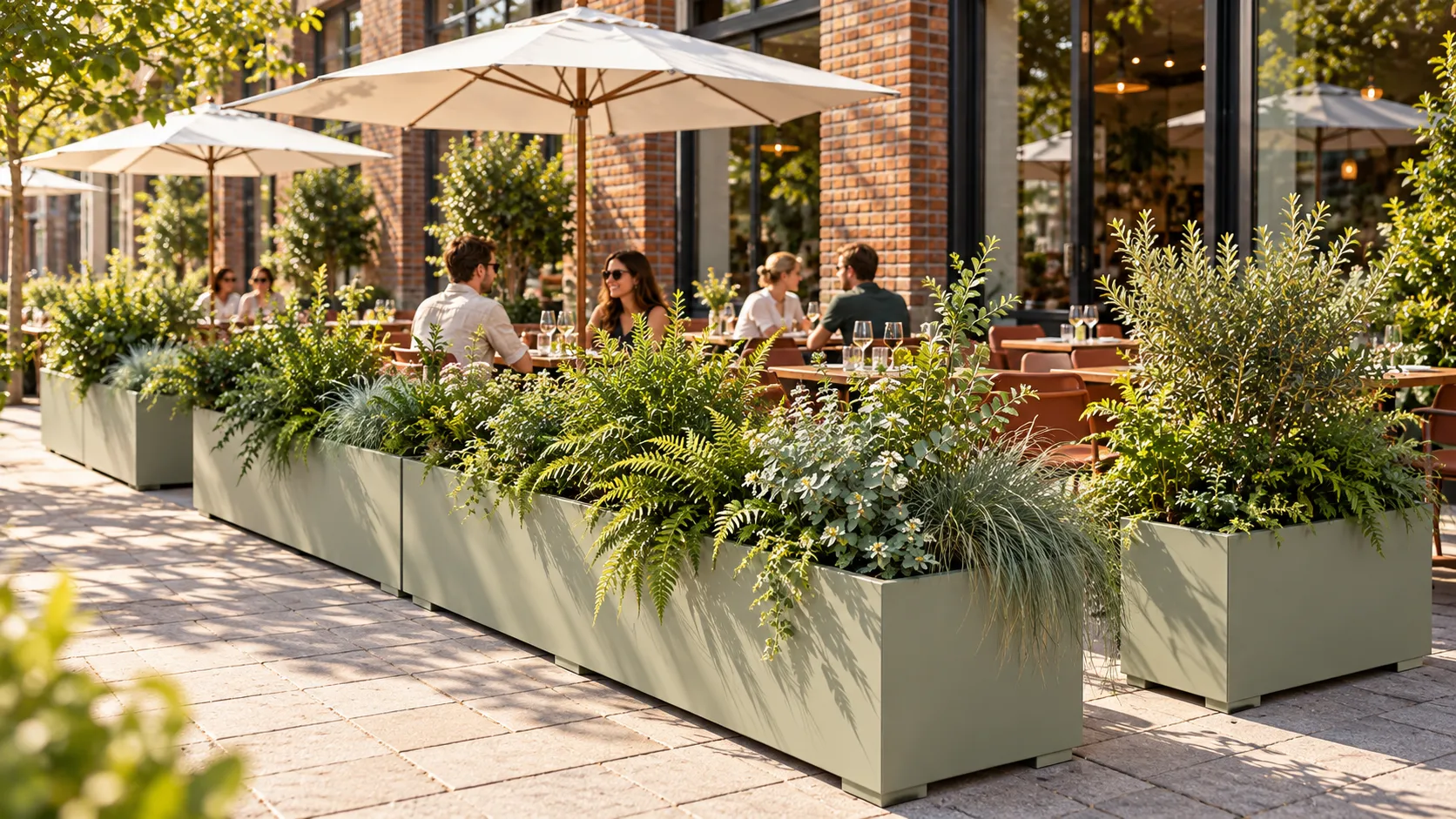 Terras met een groene rand van plantenbakken langs de straat