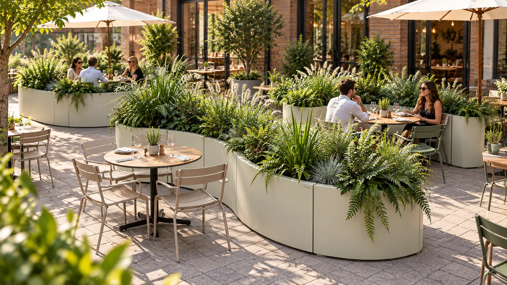 Opvallende plantenbak op de hoek van een terras