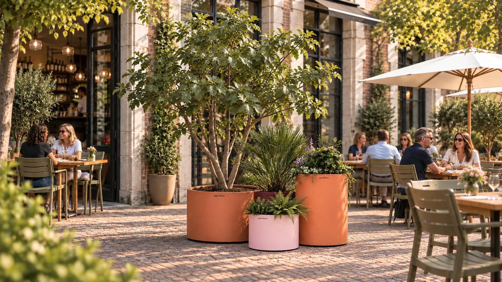 Grote statement-plantenbak op een terras, gezien vanaf de straat