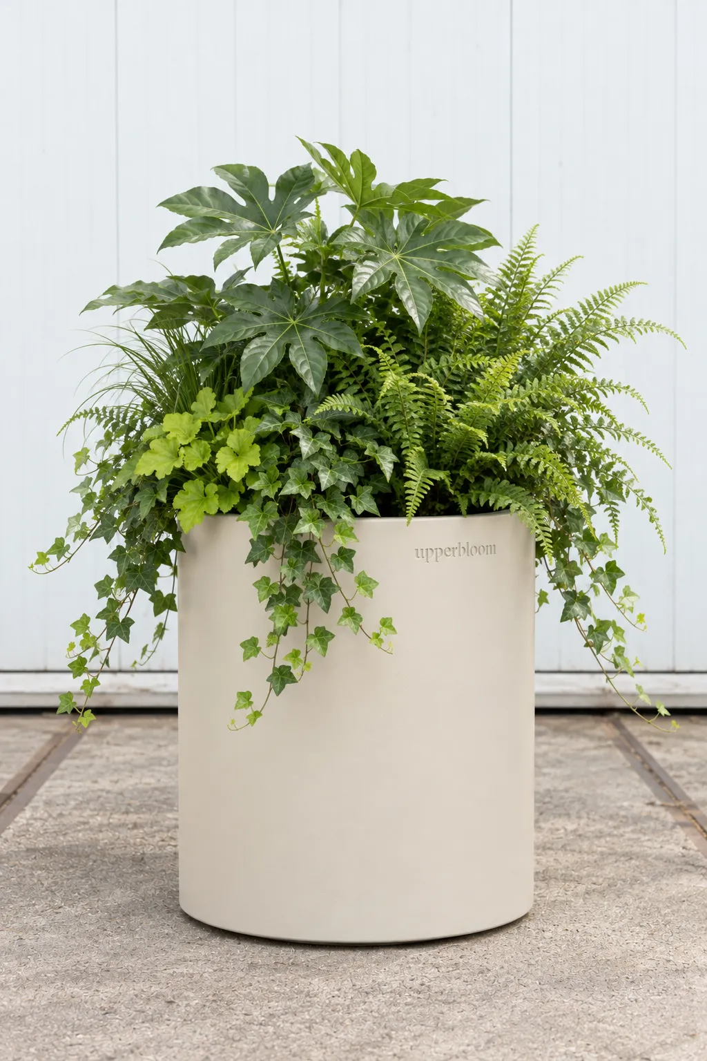Ronde zandkleurige plantenbak met vingerplant, varens, grassen en hangende klimop