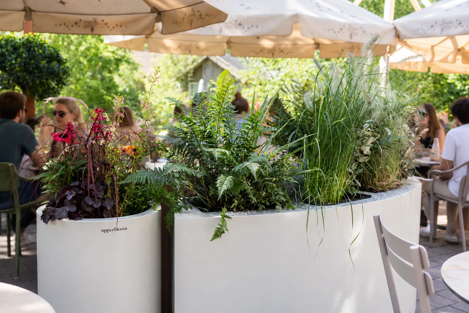Lichte gebogen en ronde plantenbakken met varens, siergrassen en rode bloeiers tussen de tafels, onder de crèmekleurige parasols van het terras