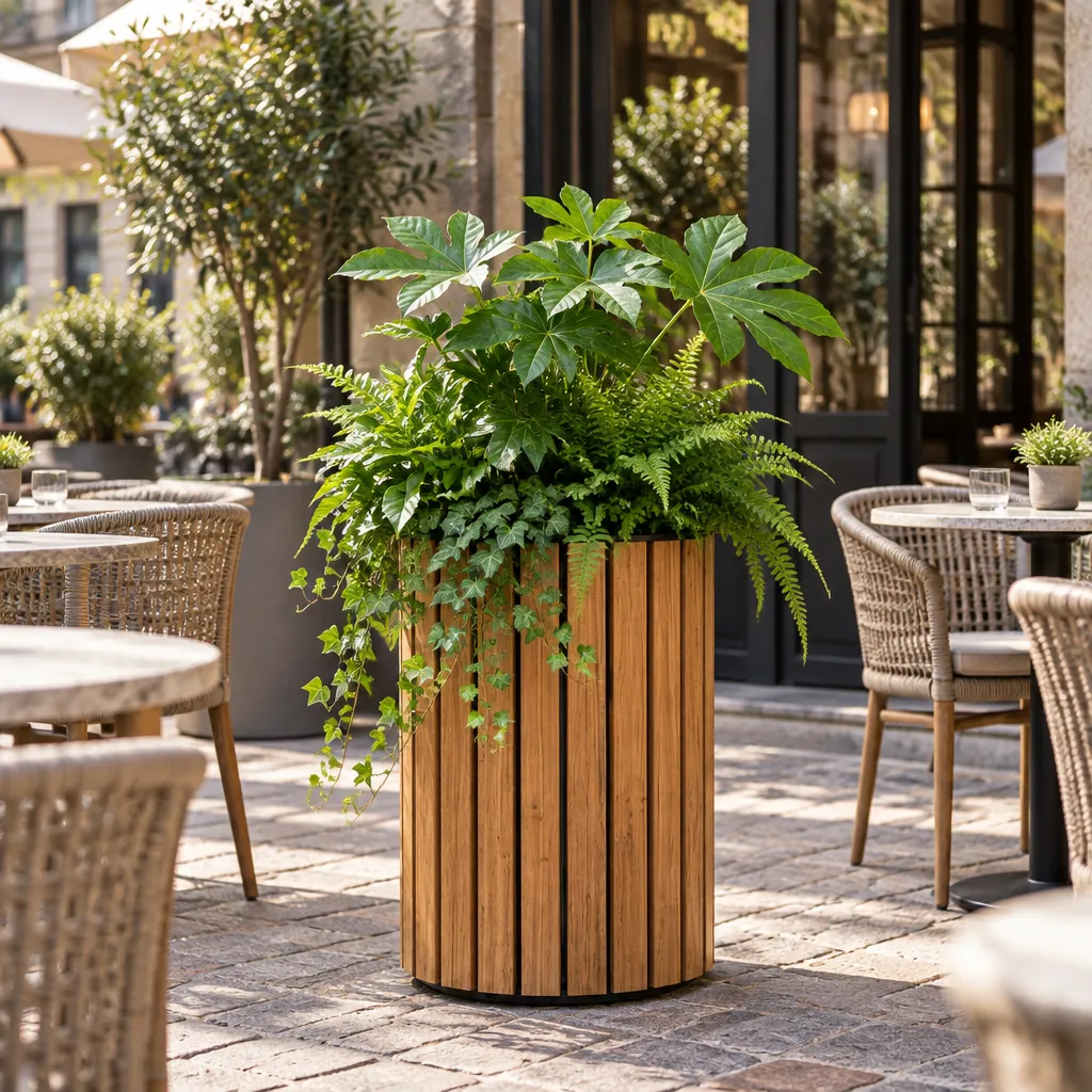 Ronde houten plantenbak met vingerplant, varens en klimop op een caféterras