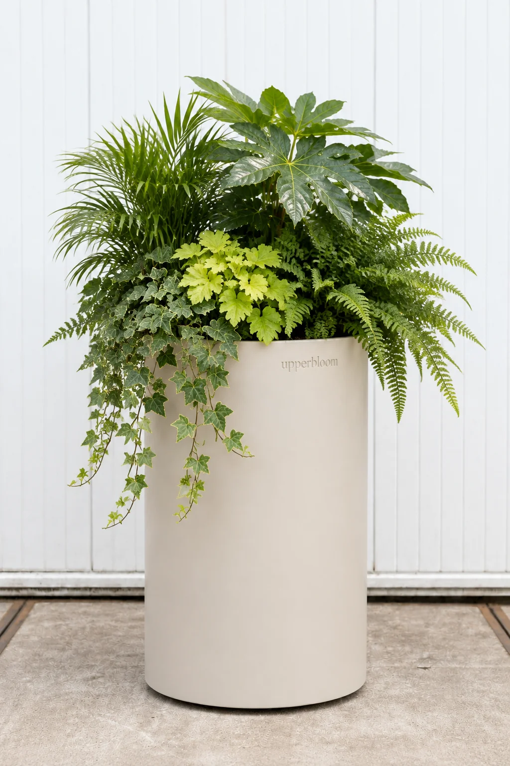 Hoge ronde lichte plantenbak met palm, vingerplant, varens, heuchera en klimop