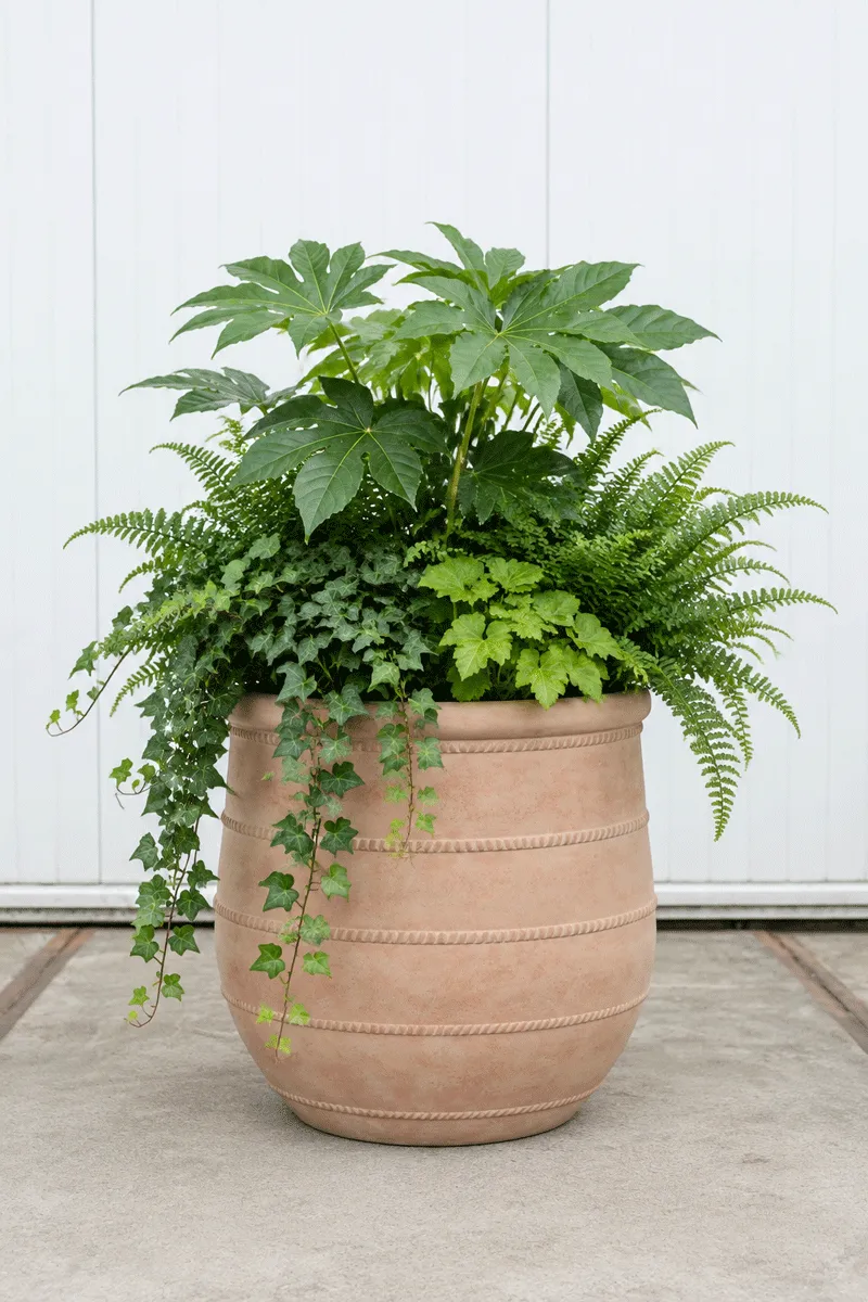 Terracotta bolle pot met vingerplant, varens, heuchera en hangende klimop