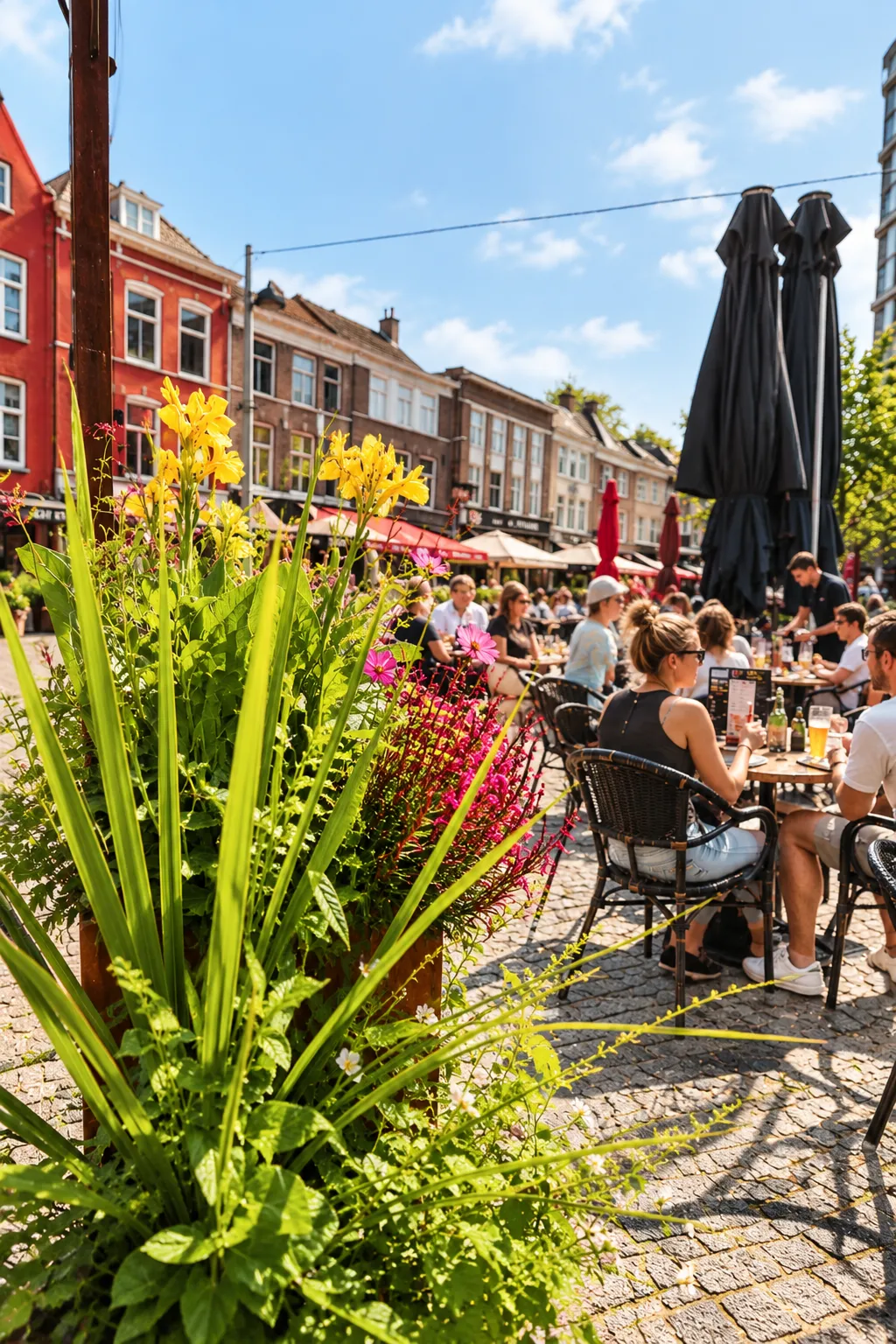 Cortenstalen plantenbak met gele bloeiers, roze bloei en lange grassen op de voorgrond, met gasten op rieten stoelen en de gevels van de Neude erachter