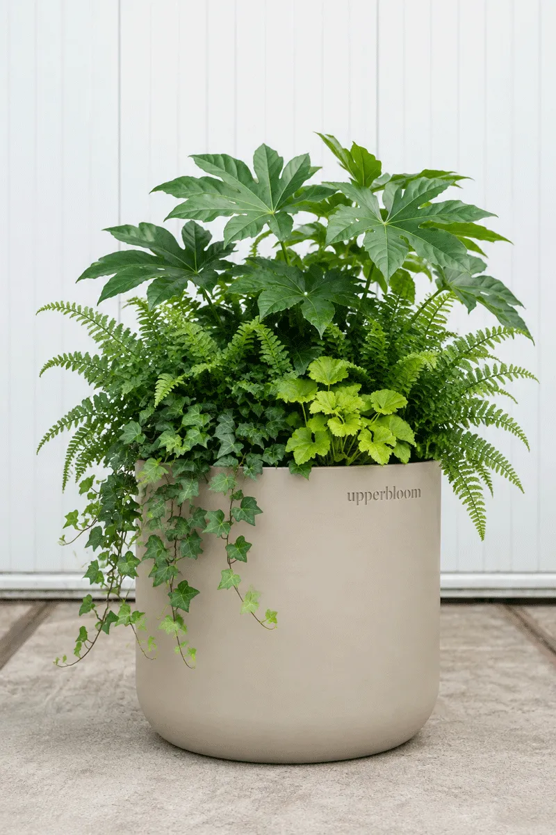 Ronde zandkleurige plantenbak met vingerplant, varens, heuchera en hangende klimop