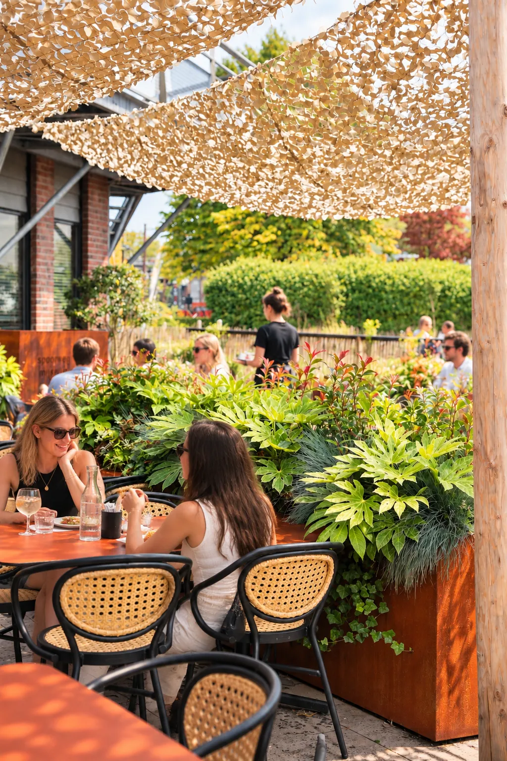 Cortenstalen plantenbak met fatsia, bladplanten en rode bloeiers naast tafels met oranjerode bladen en rieten stoelen, onder het schaduwdoek